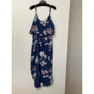 Yidarton Womens Blue Floral Dress XL Midi Adjustable Spaghetti Strap Elastic
